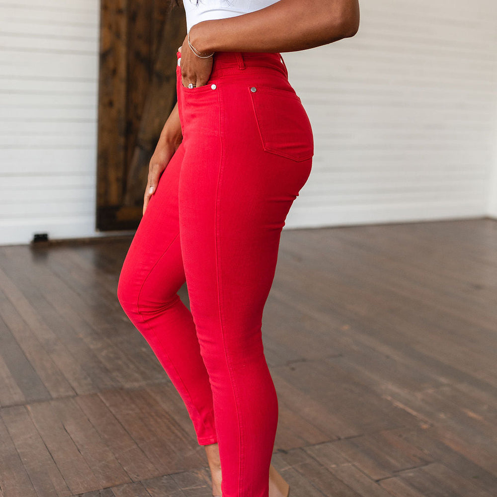 
                      
                        Ruby High Rise Control Top Garment Dyed Skinny Jeans in Red
                      
                    