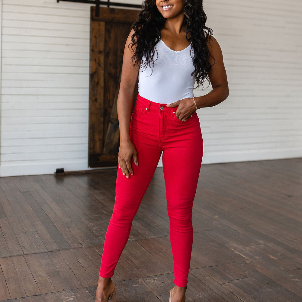 
                      
                        Ruby High Rise Control Top Garment Dyed Skinny Jeans in Red
                      
                    