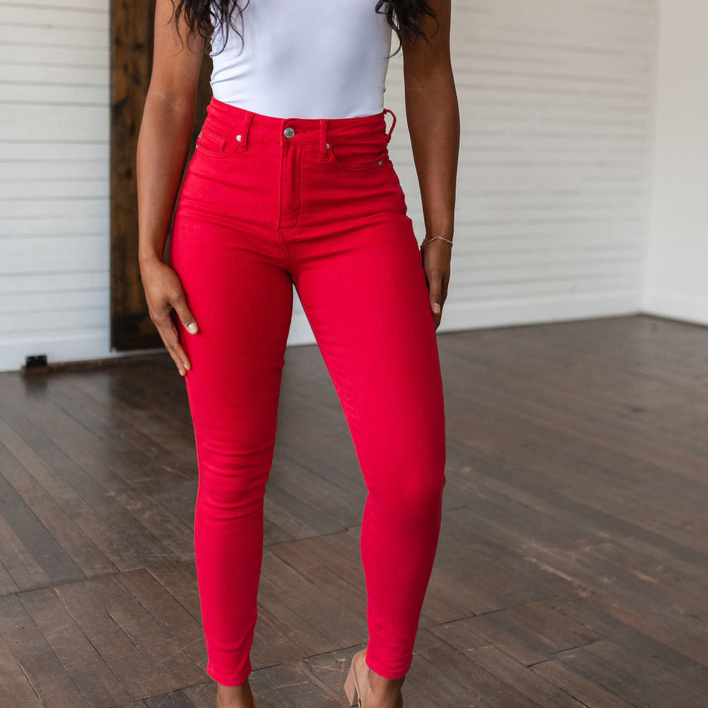 
                      
                        Ruby High Rise Control Top Garment Dyed Skinny Jeans in Red
                      
                    