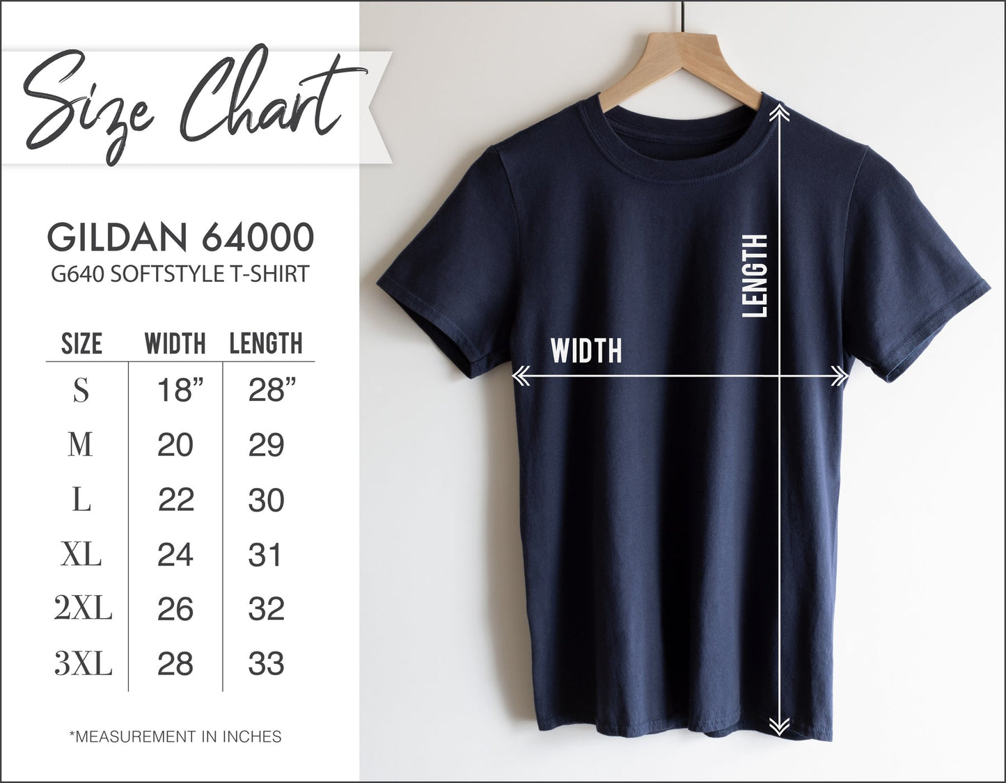 Gildan 64000 tee size chart showing width and length for sizes S through 3XL