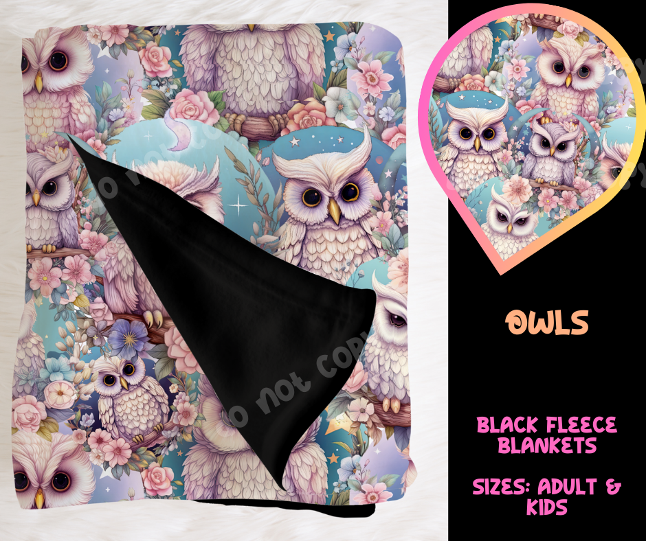 OWLS - SOFT BLACK FLEECE THROW BLANKET RUN 6 PREORDER CLOSING 9/25