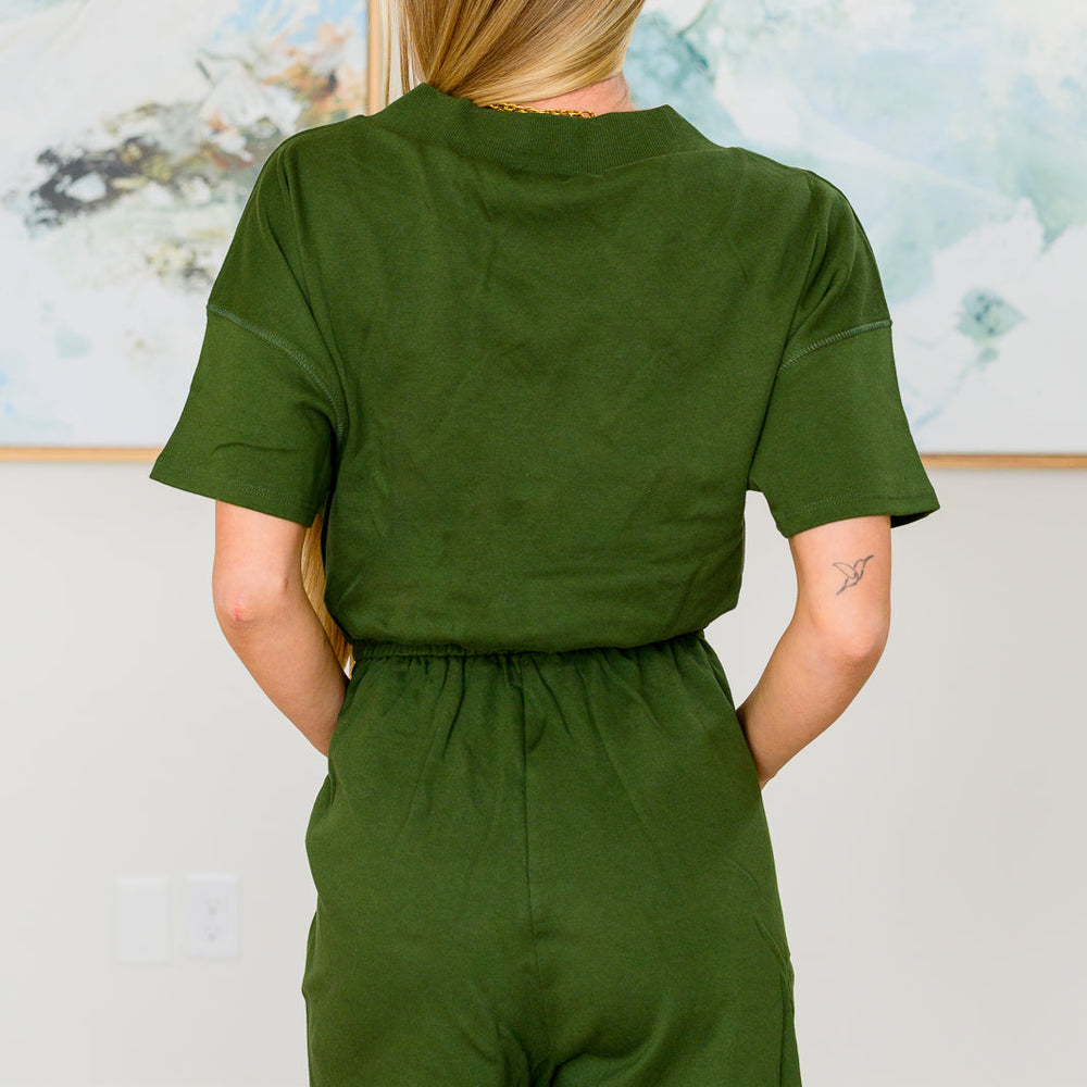 
                      
                        Short Sleeve V-Neck Romper in Army Green
                      
                    