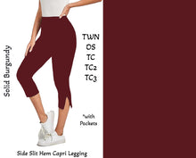  Solid Burgundy Side Slit Hem Capri Leggings with Pockets