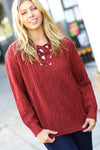 Rust Cable Knit Lace Up V Neck Sweater
