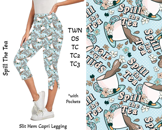 Spill The Tea Side Slit Hem Capri Leggings with Pockets