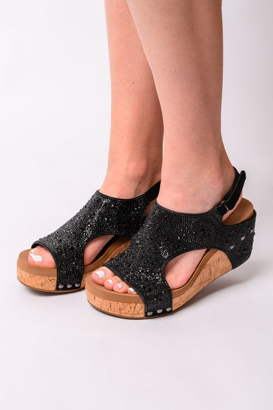 Ashley Wedge Sandals in Black Rhinestone