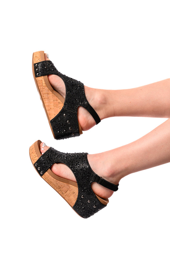 Ashley Wedge Sandals in Black Rhinestone