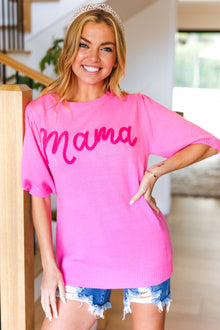  Take A Bow Pink "Mama" Embroidery Puff Sleeve Sweater Top