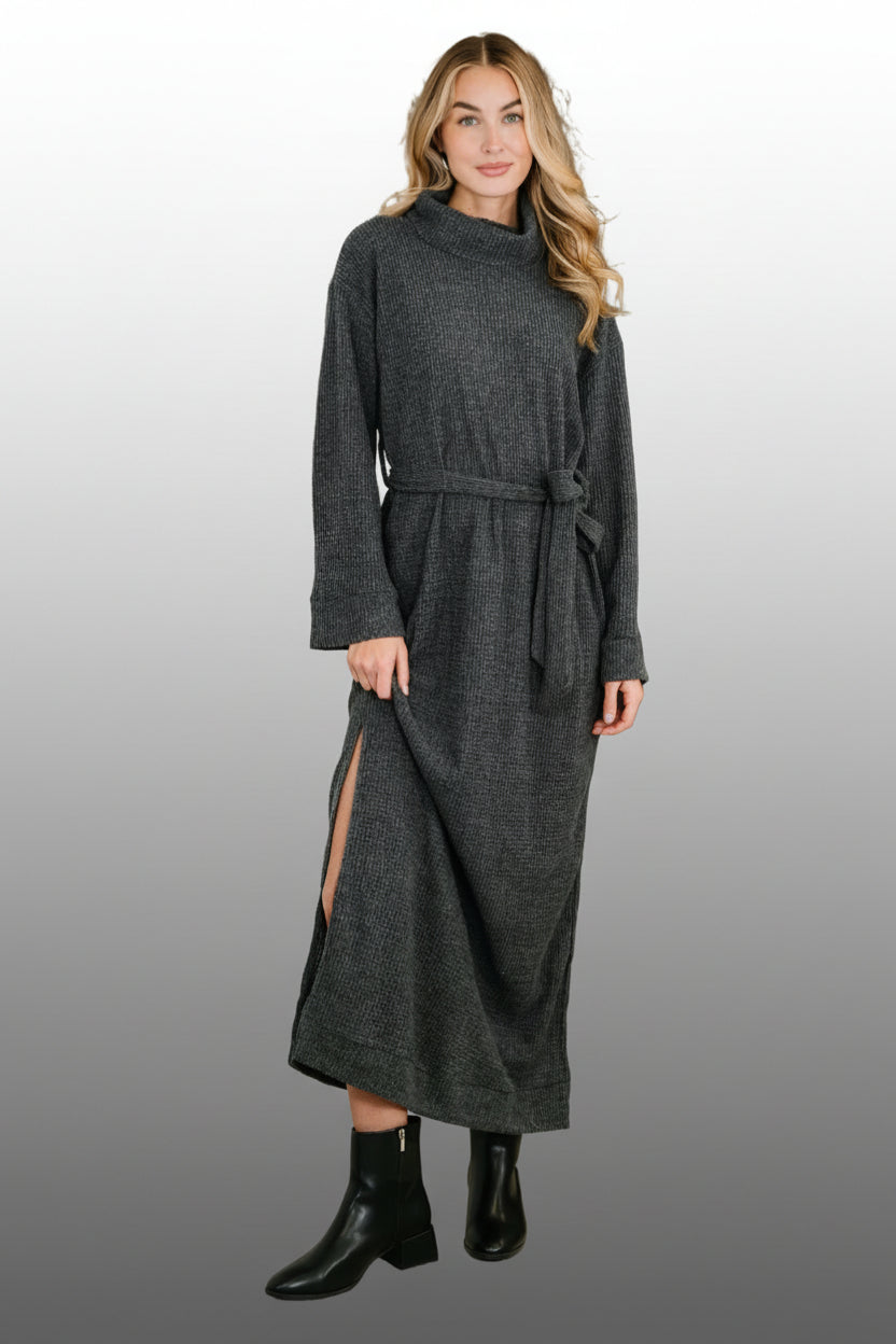 Waffle Knit Maxi Dress - Charcoal Turtleneck with Belt | Ruthie's Rack 3XL - gray - gray Waffle Knit Maxi Dress - Charcoal Turtleneck with Belt | Ruthie's Rack 3XL - gray - gray