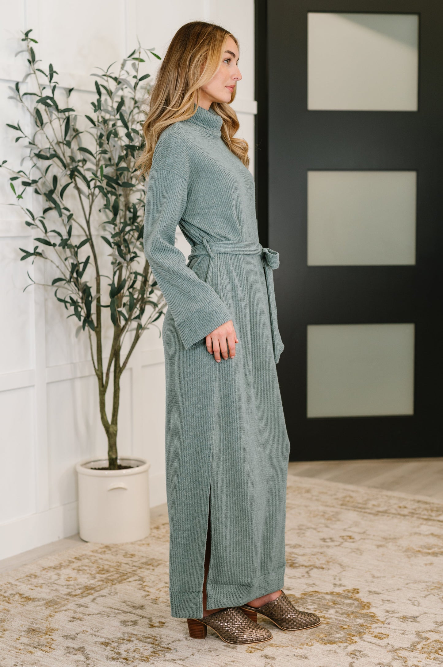 Waffle Knit Maxi Dress - Soft Teal Turtleneck with Belt | Ruthie's Rack 2XL Waffle Knit Maxi Dress - Soft Teal Turtleneck with Belt | Ruthie's Rack 2XL