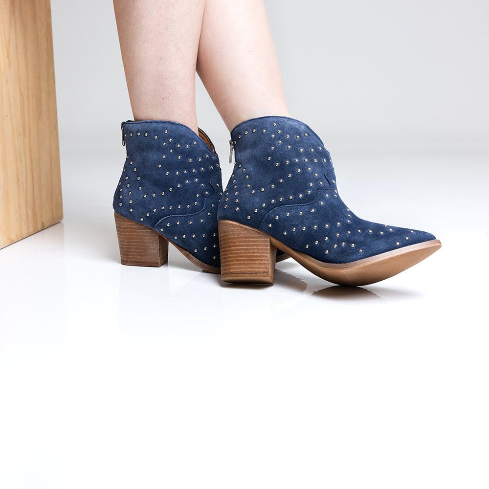 
                      
                        Twilight Studded Heeled Ankle Boot in Denim
                      
                    