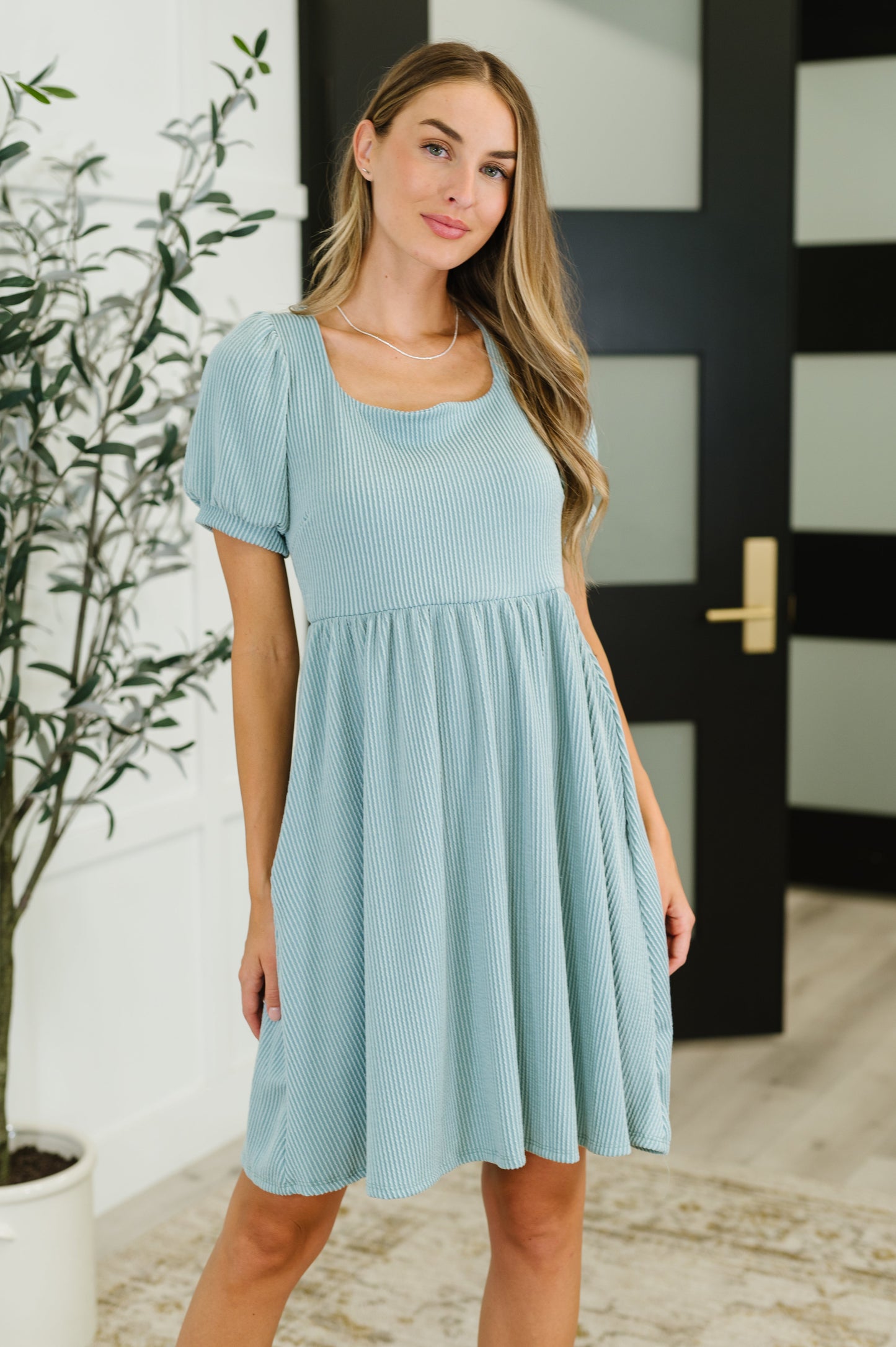 Woman wearing a light blue dress standing indoors with a plant and door in the background