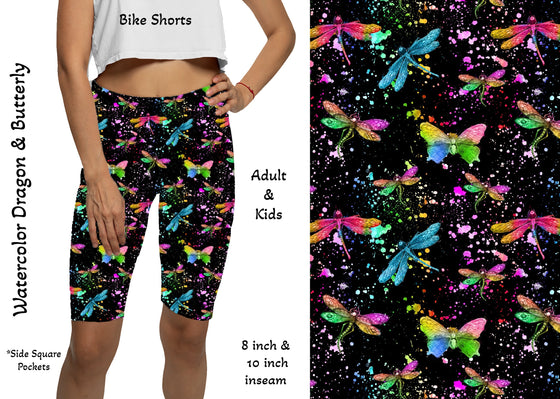 Watercolor Dragon & Butterflies  8" & 10"  Yoga Bike Shorts with Pockets