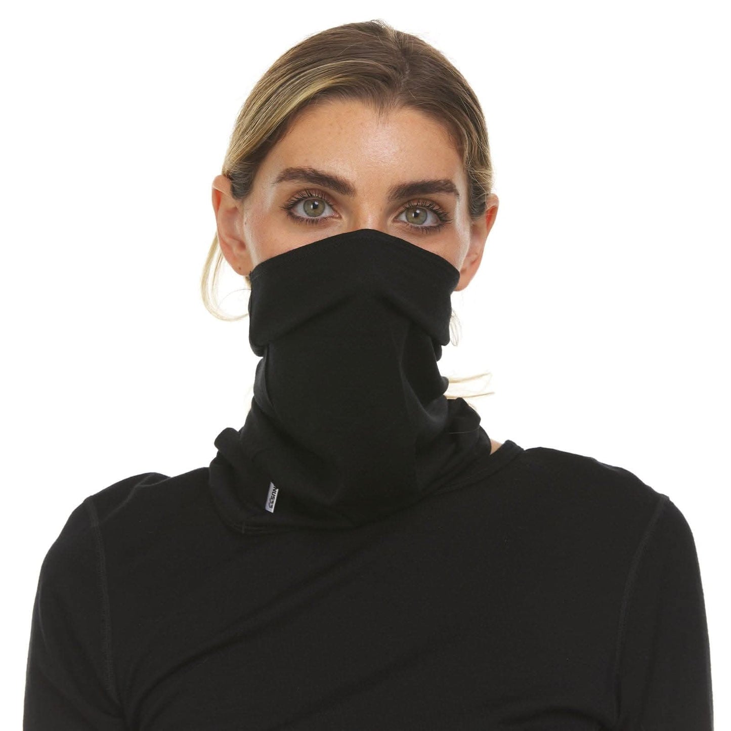 Black lightweight merino wool micro half gaiter shown flat, 13 inches by 9 inches