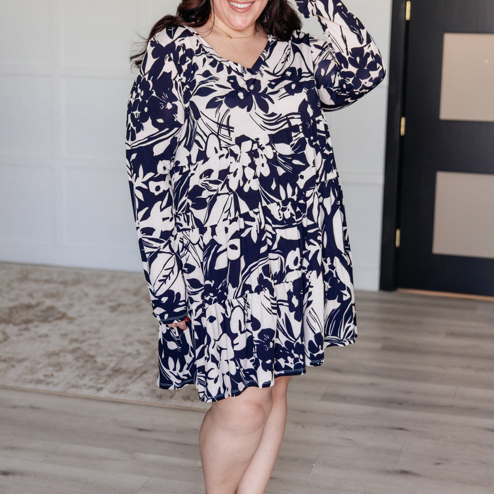 
                      
                        Worthwhile Moment Floral Tiered Dress in Oatmeal and Navy
                      
                    