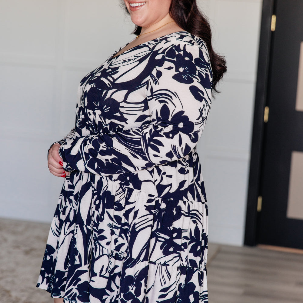 
                      
                        Worthwhile Moment Floral Tiered Dress in Oatmeal and Navy
                      
                    