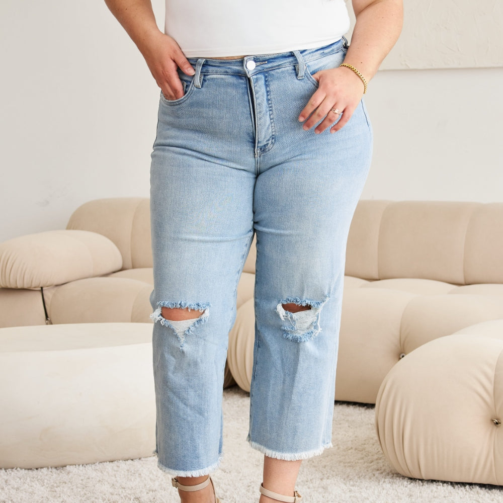 
                      
                        Tummy Control High Waist Raw Hem Distressed Jeans
                      
                    