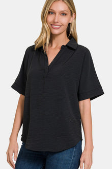  Texture Collared Neck Short Sleeve Top