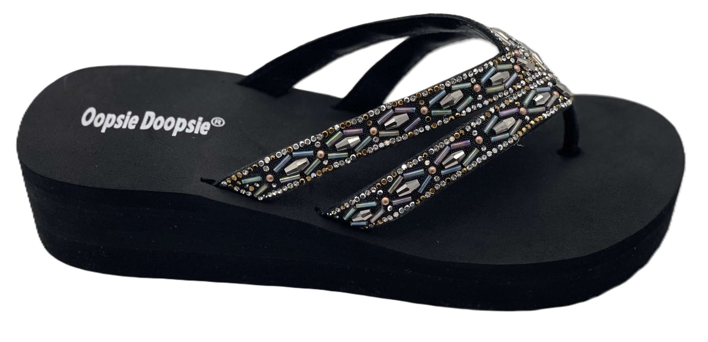 Black rhinestone platform sandals with beaded dual straps and cushioned sole