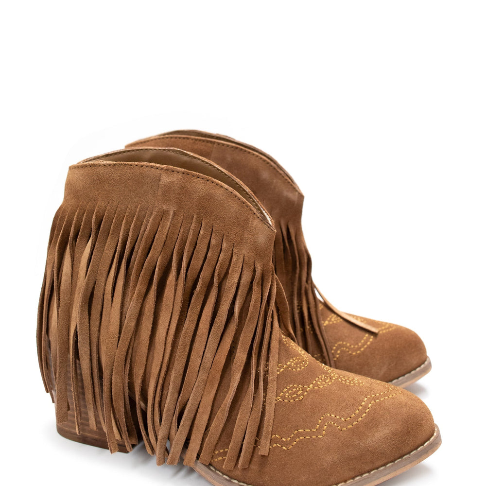 
                      
                        Amos Fringe Ankle Bootie in Tan Suede
                      
                    