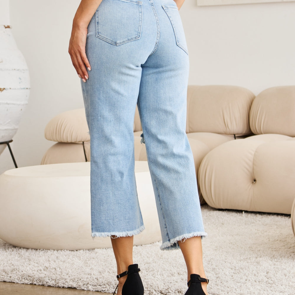 
                      
                        Tummy Control High Waist Raw Hem Distressed Jeans
                      
                    