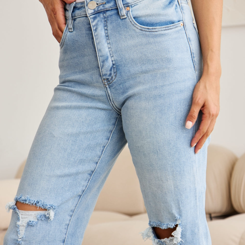 
                      
                        Tummy Control High Waist Raw Hem Distressed Jeans
                      
                    