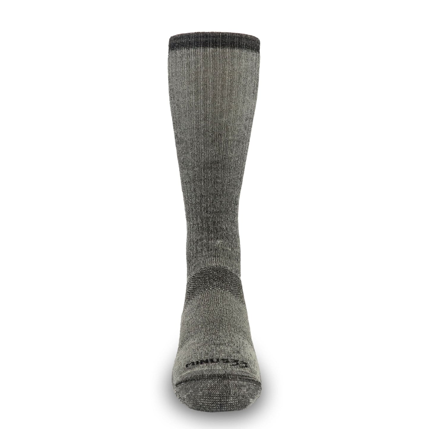 Gray heavyweight wool mountaineering sock with seamless toe and full-calf coverage