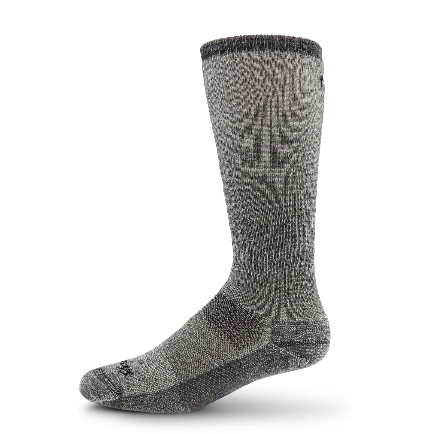 Gray heavyweight wool mountaineering sock with seamless toe and full-calf coverage