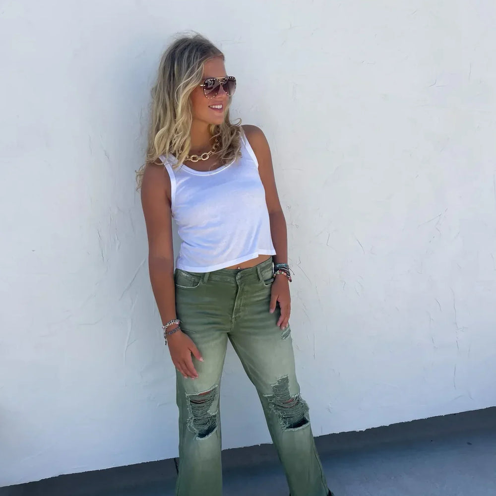 
                      
                        Blakeley Distressed Jeans In Olive and Camel
                      
                    