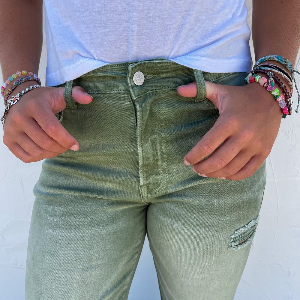 
                      
                        Blakeley Distressed Jeans In Olive and Camel
                      
                    