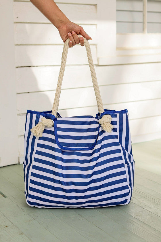 Michelle Mae Rope Handle Beach Bag Top Flap - Blue Micro Stripe