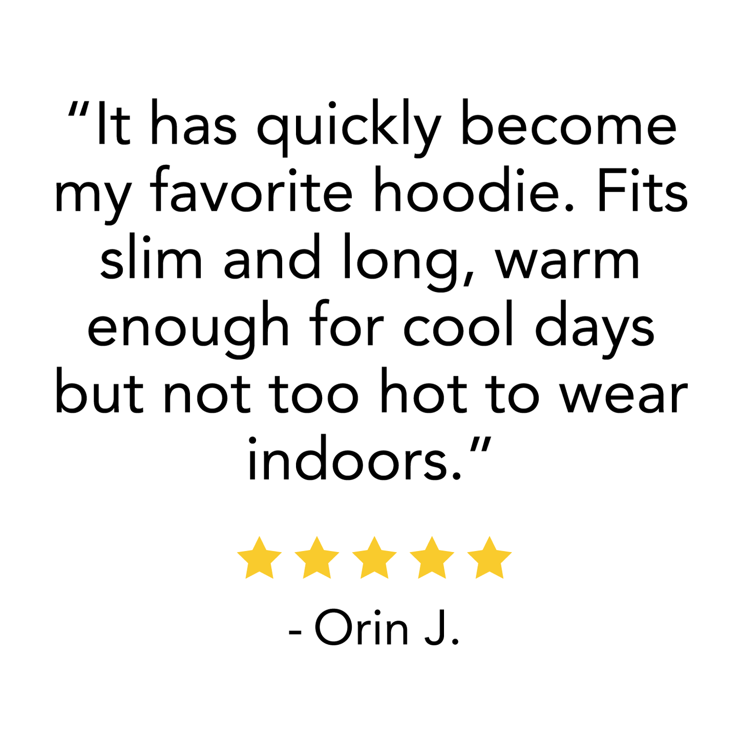 Product review text on a white background with five yellow stars and a name below.