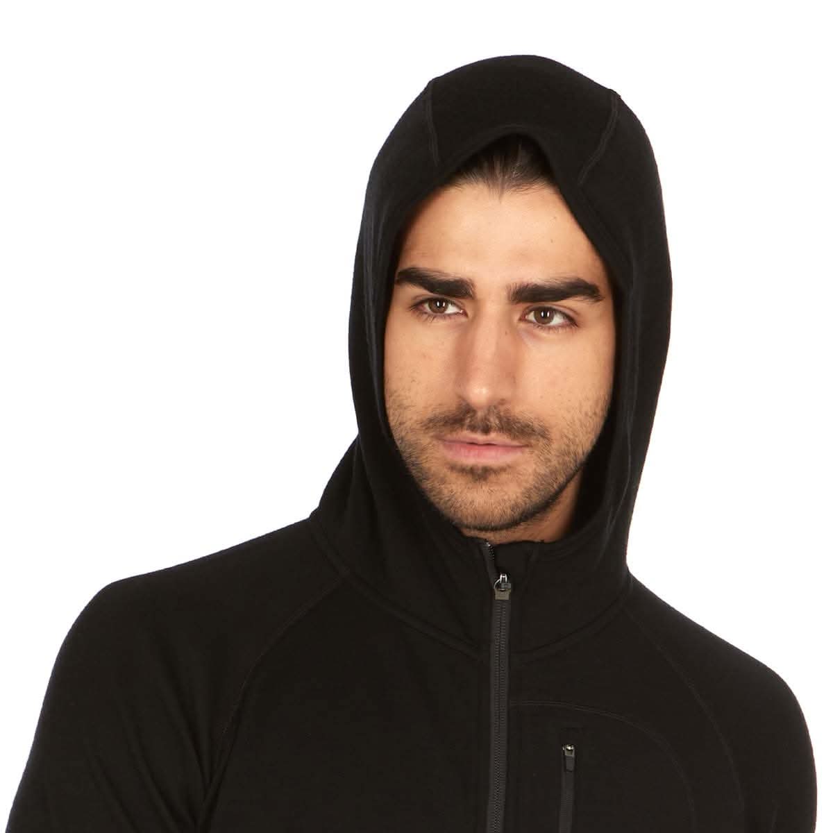 Black and charcoal merino wool full zip hoodie with contrast side panels and YKK zipper