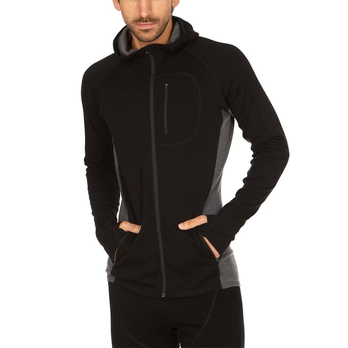 Black and charcoal merino wool full zip hoodie with contrast side panels and YKK zipper