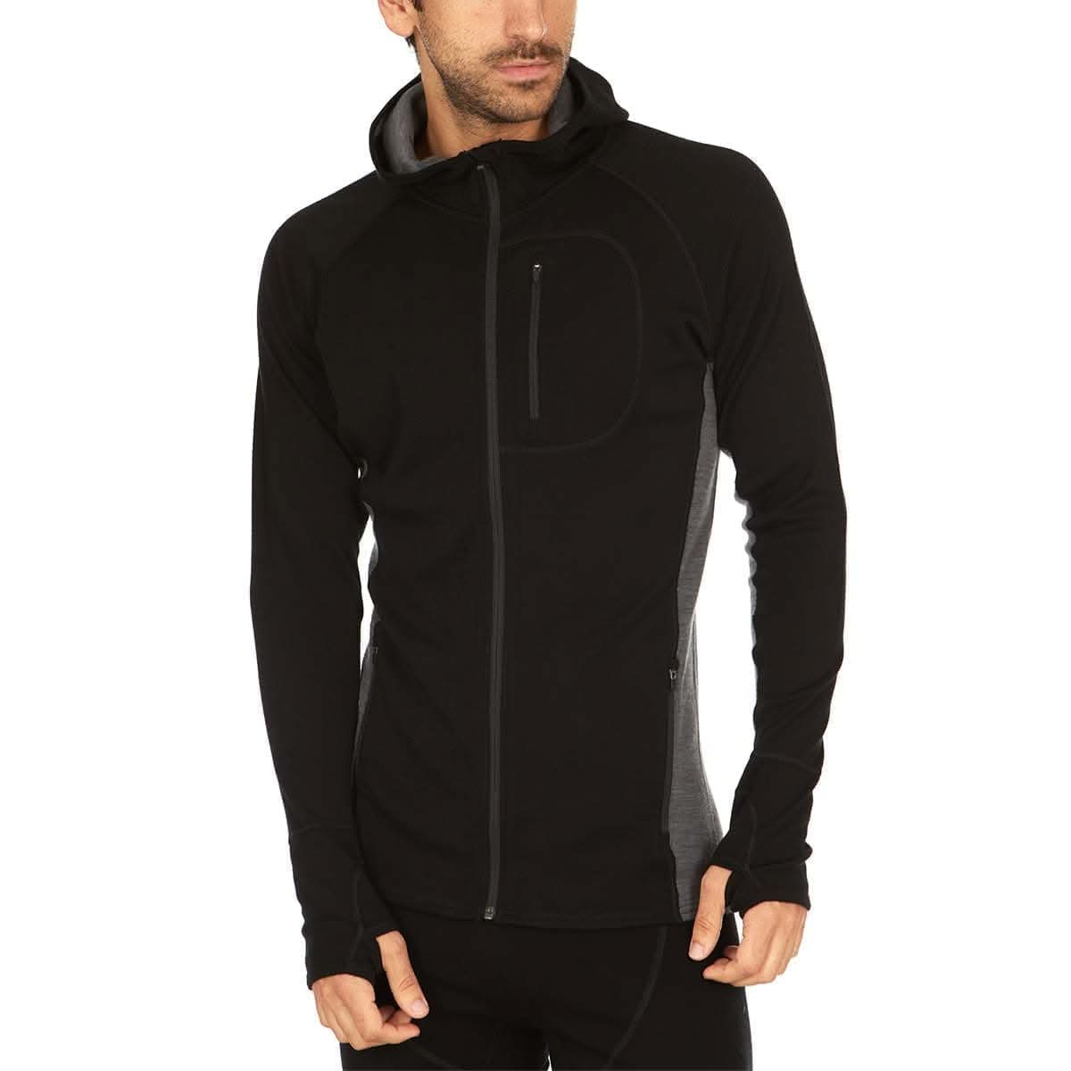 Black and charcoal merino wool full zip hoodie with contrast side panels and YKK zipper