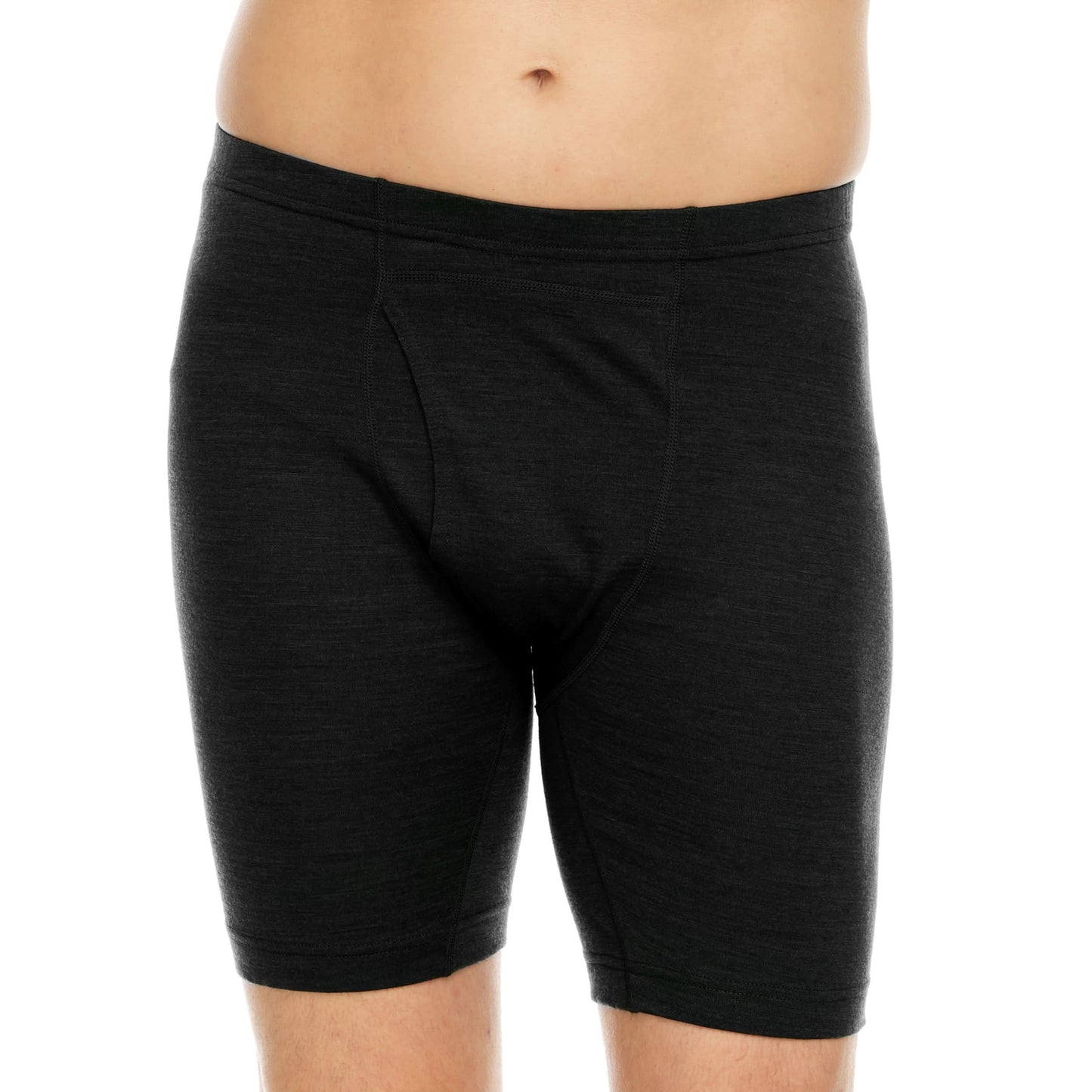 Man wearing black merino wool boxer briefs