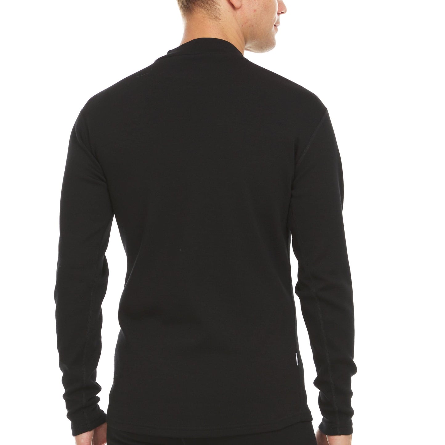 Man wearing black heavyweight merino wool mock neck base layer