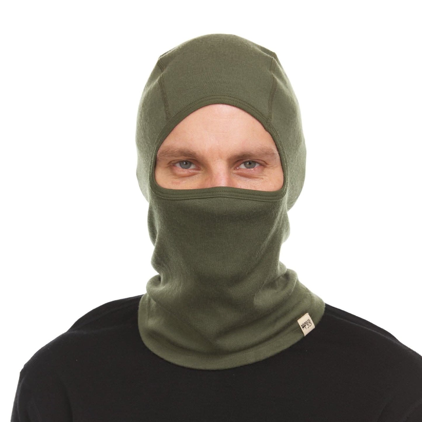 Minus33 heavyweight Merino wool balaclava in olive drab green for winter sports and cold weather