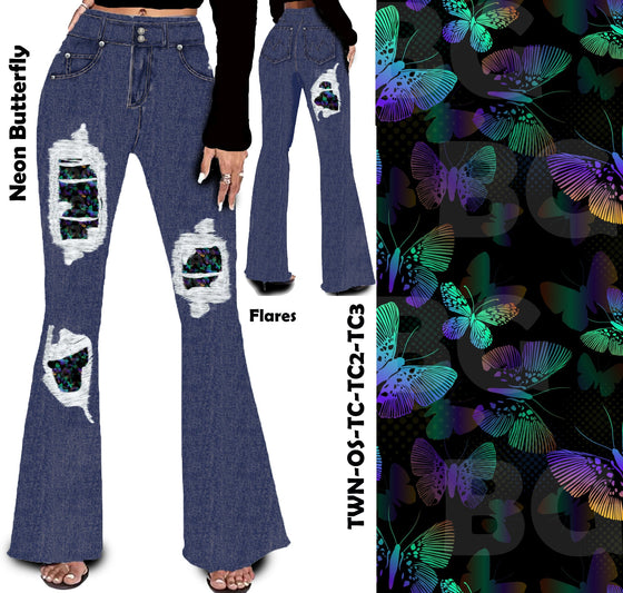 Neon Butterfly Peek A Boo Faux Denim Yoga Flares with Pockets