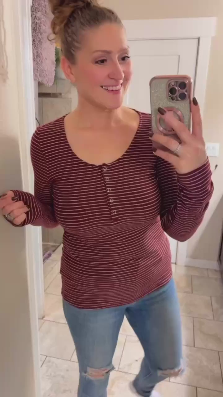 Striped Long Sleeve Henley in Dusty Teal