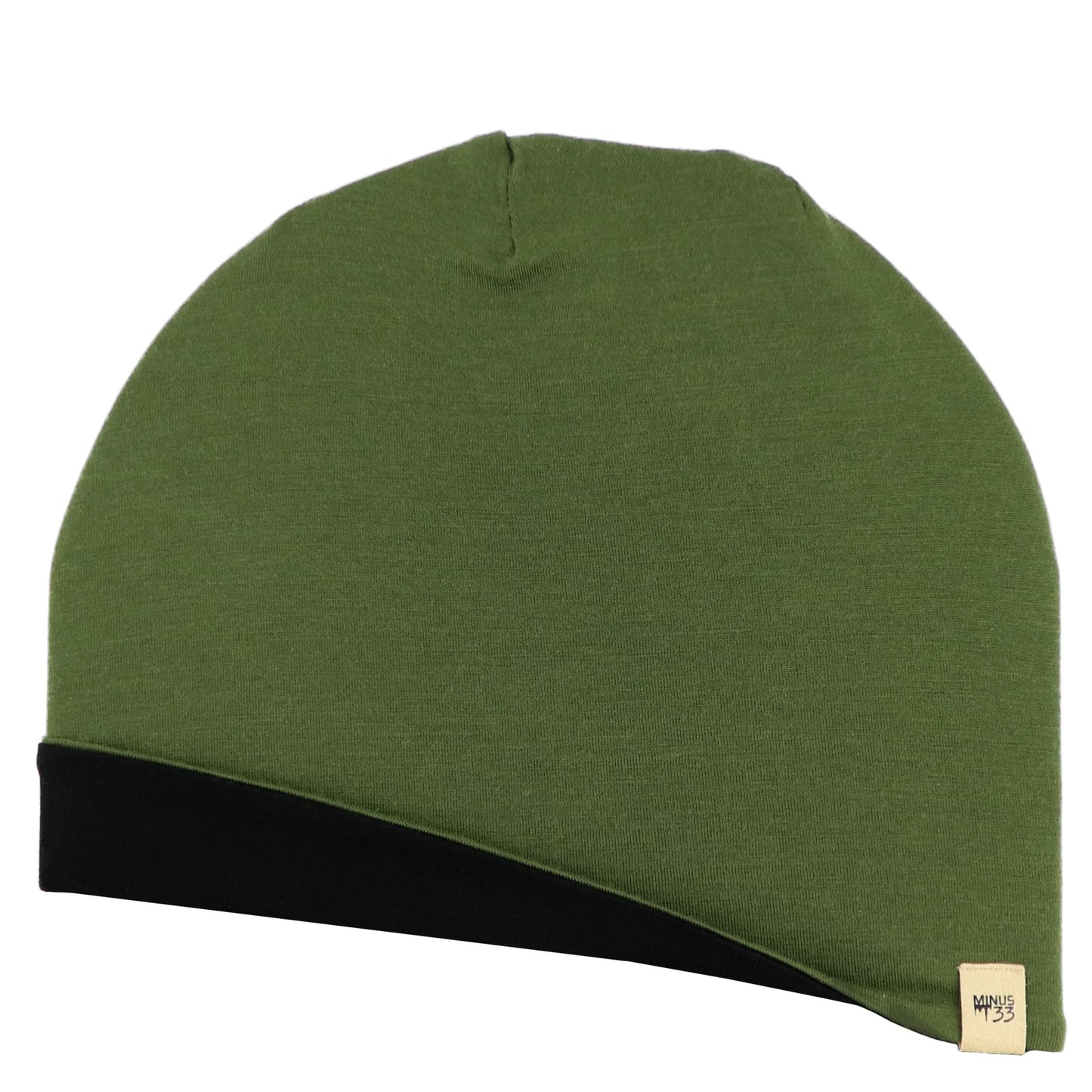Green beanie with black interior on a white background