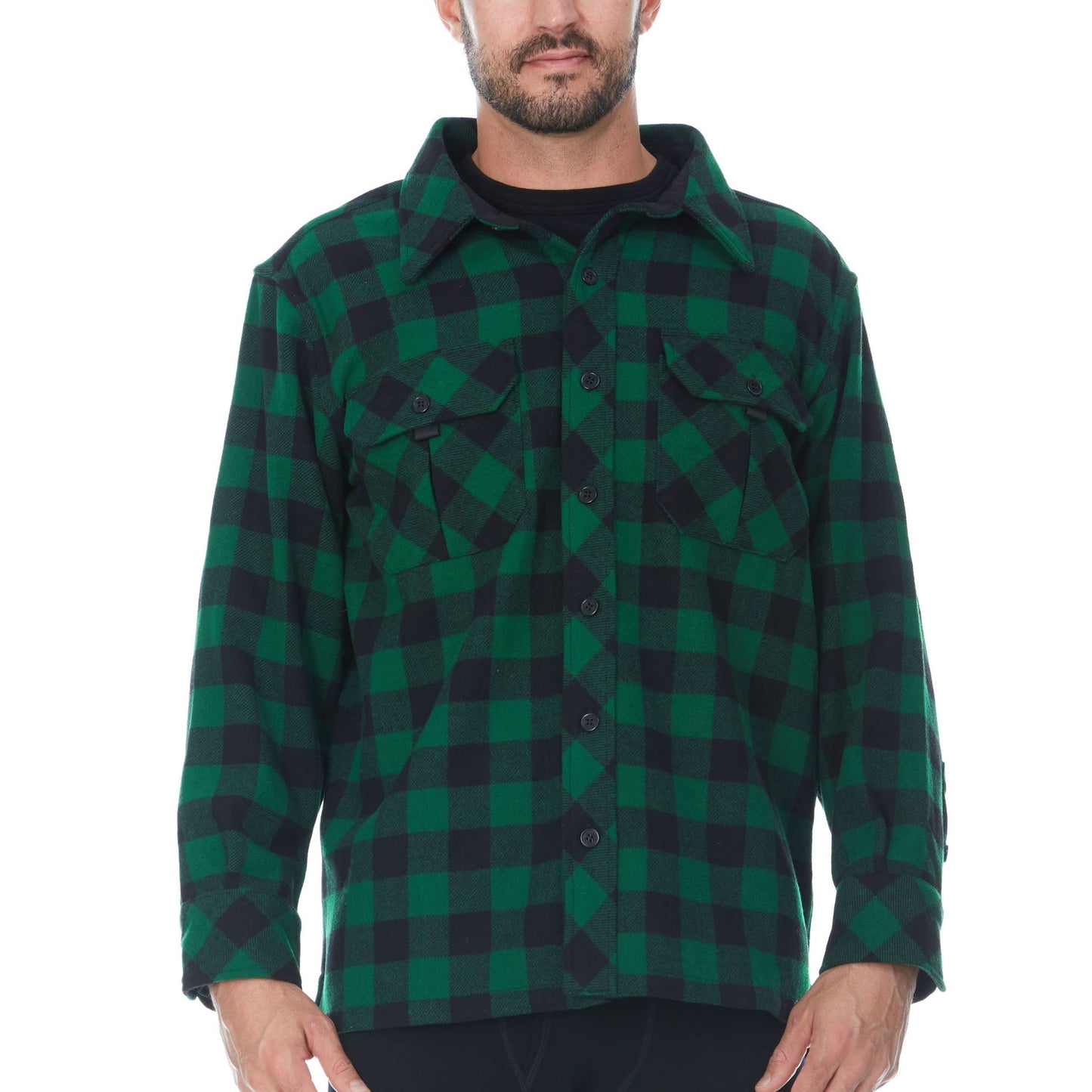 Green and black checkered shirt worn by a person on a white background