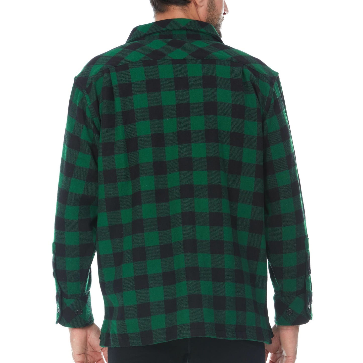 Green and black checkered shirt worn by a person on a white background