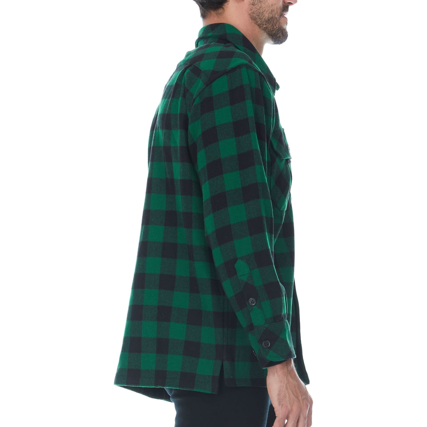 Green and black checkered shirt worn by a person on a white background