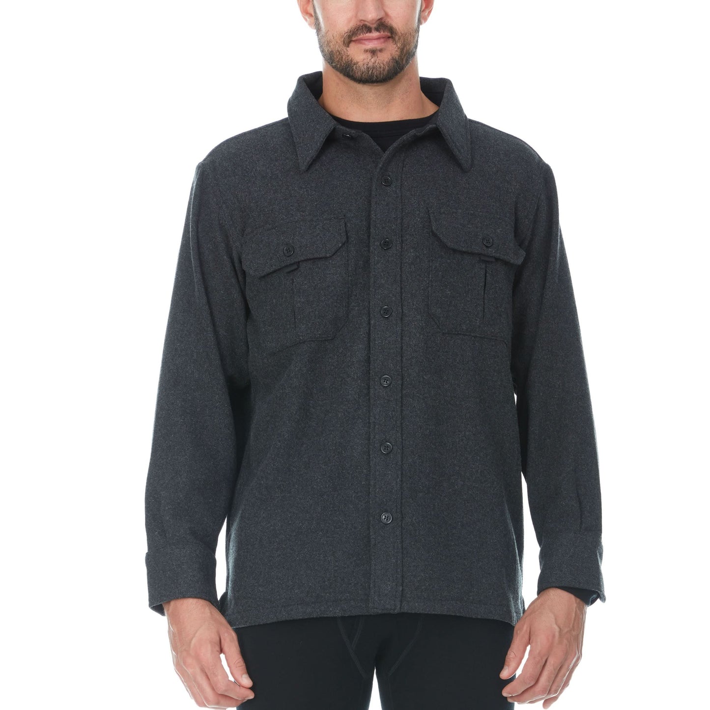 Dark gray button-up shirt worn by a person on a white background