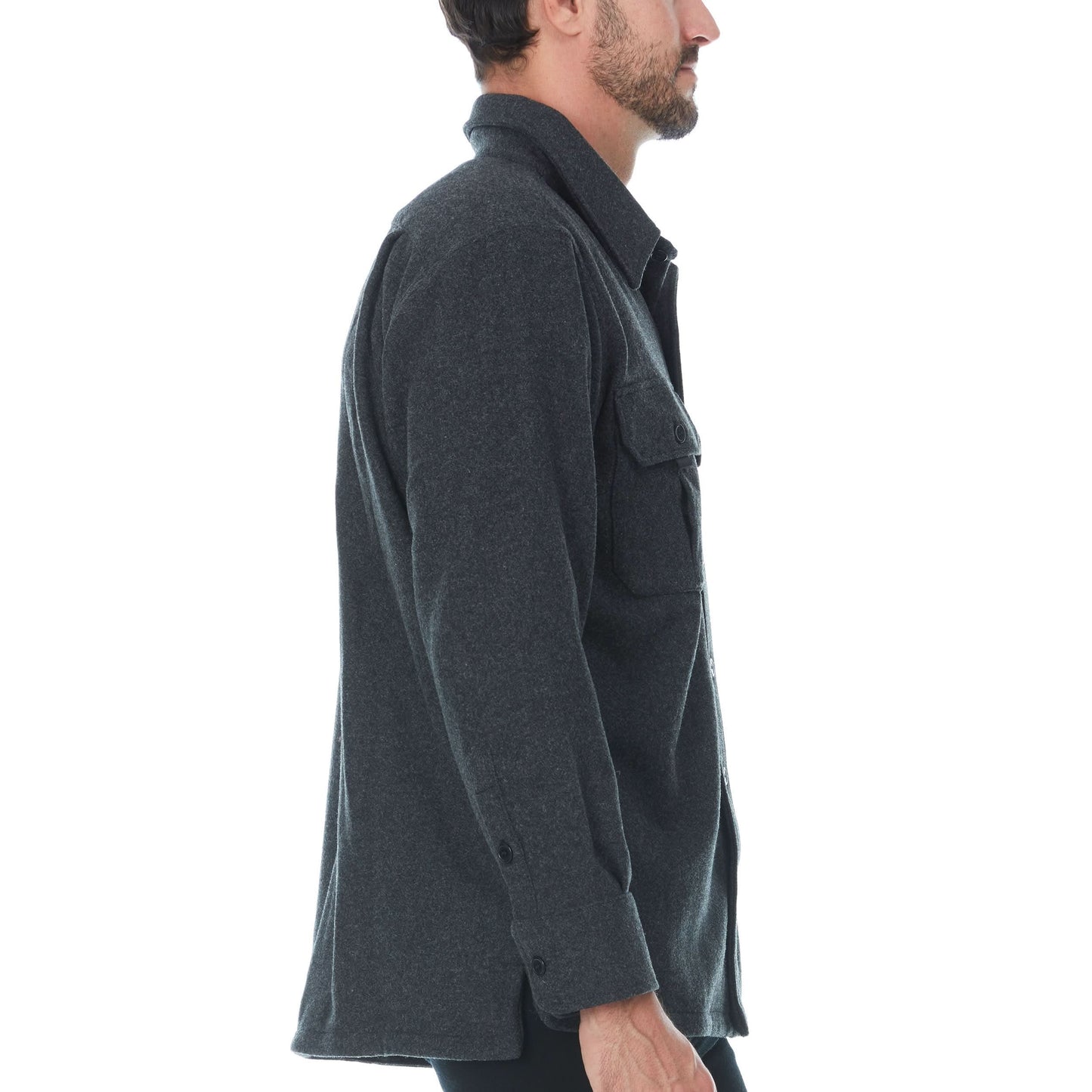 Man wearing a dark gray jacket on a white background