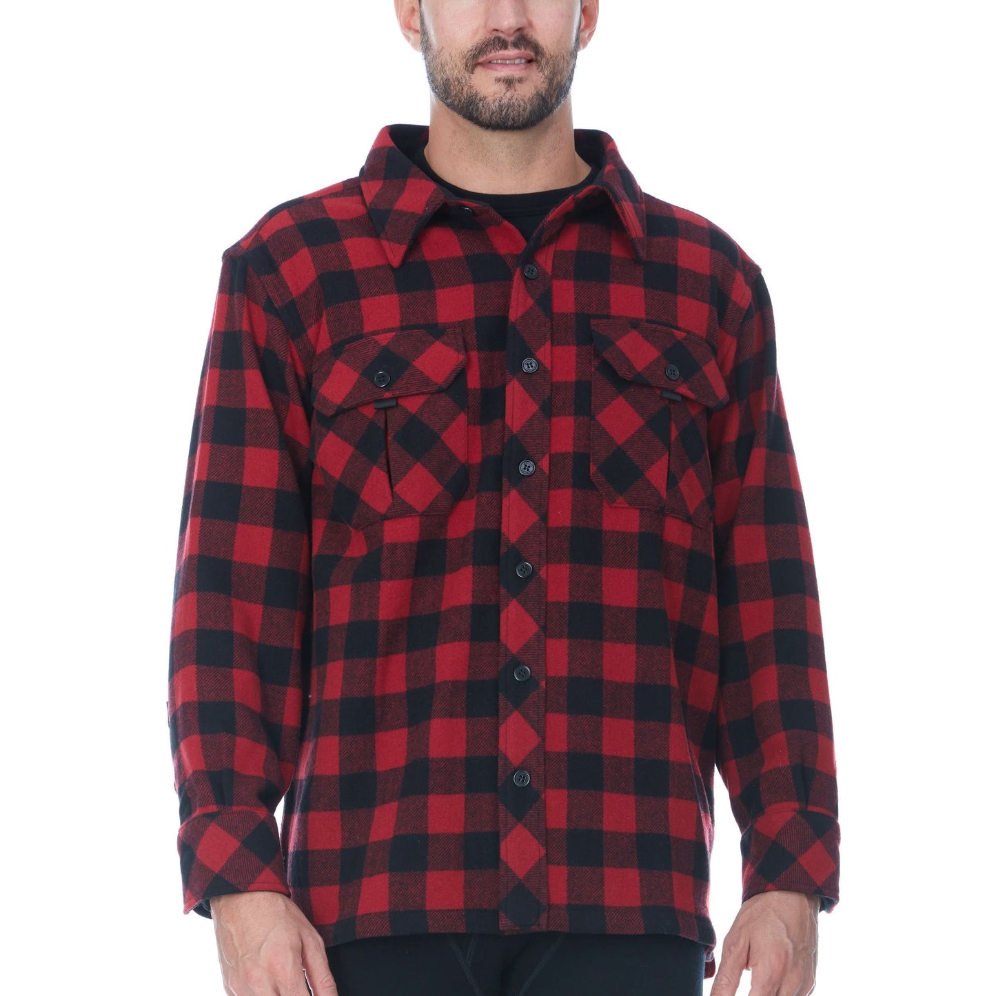 Red and black plaid shirt worn by a person on a white background