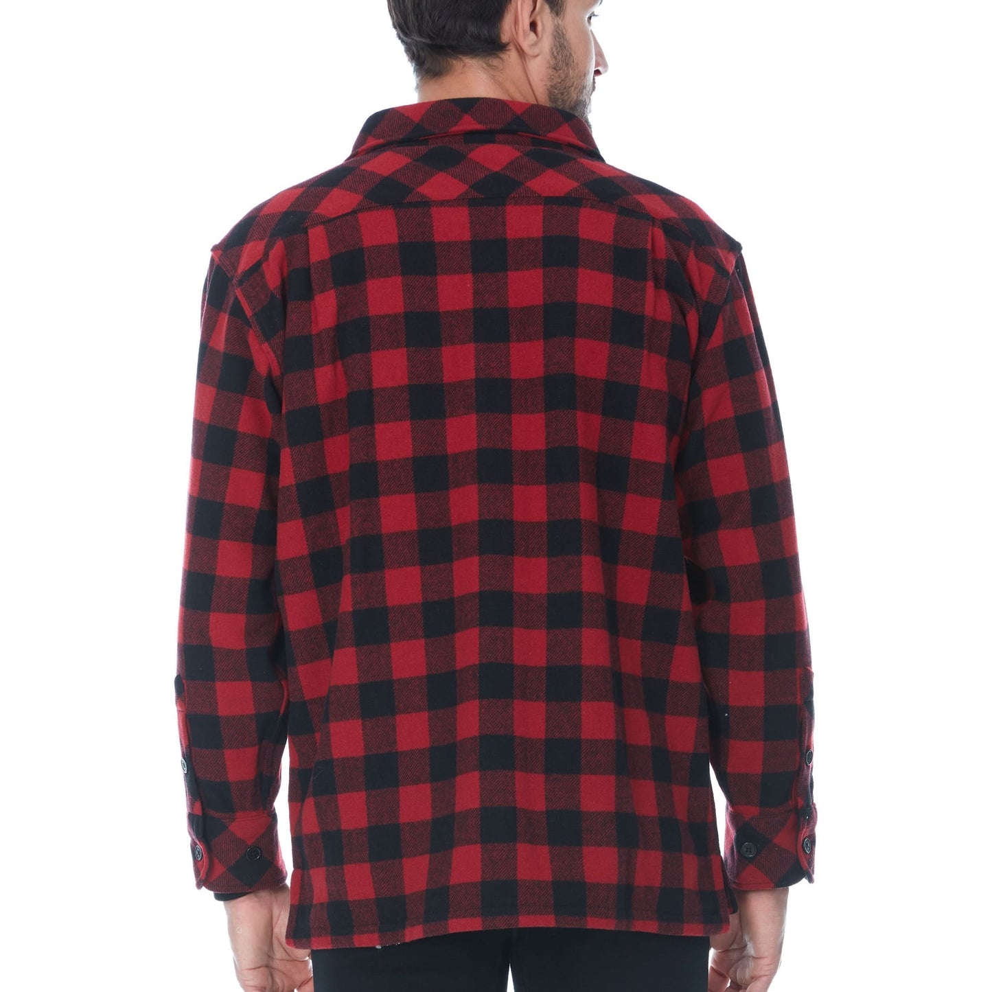 Red and black buffalo plaid wool shirt jacket with button front and dual chest pockets, Big Woods Bucks logo