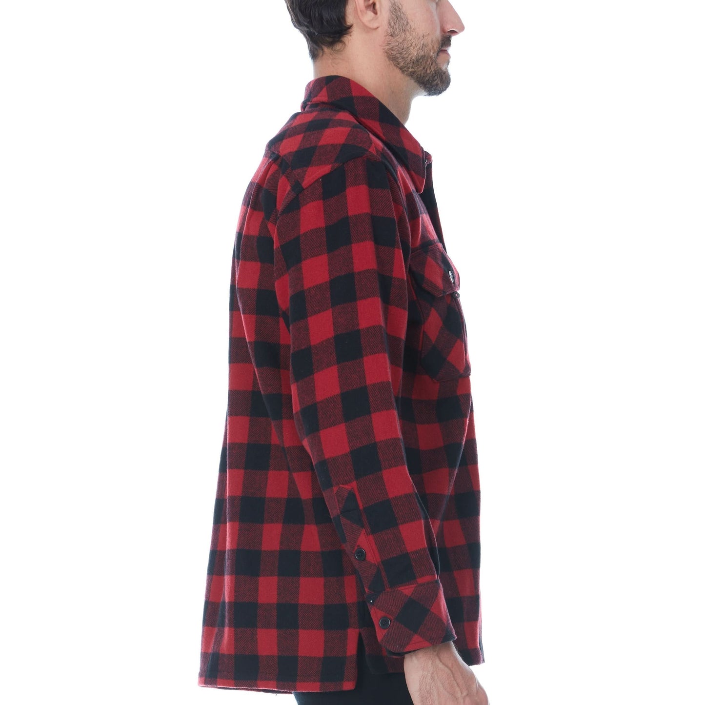Red and black checkered shirt worn by a person on a white background