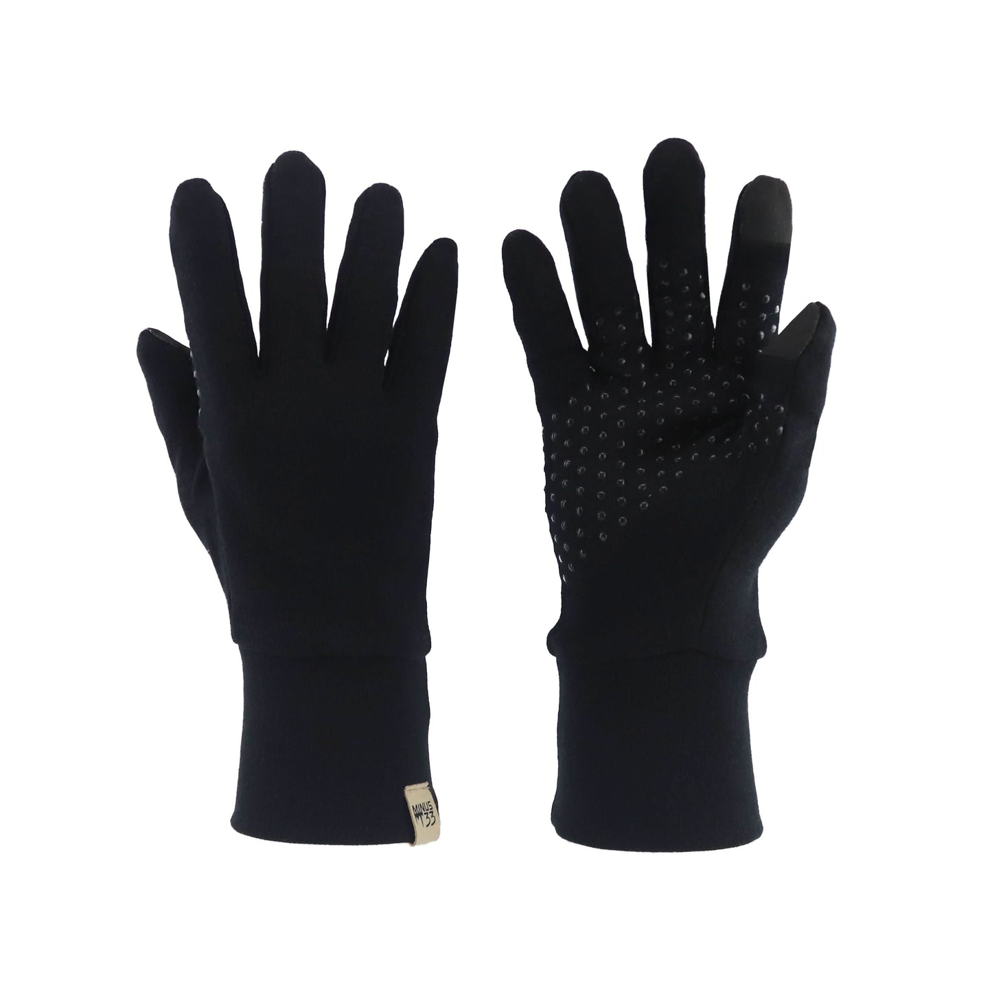 Black 100% merino wool glove liners with silicone grip dots and touchscreen-compatible fingertips
